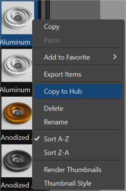 Context menu; uploading assets from KeyShot Studio to KeyShot Hub